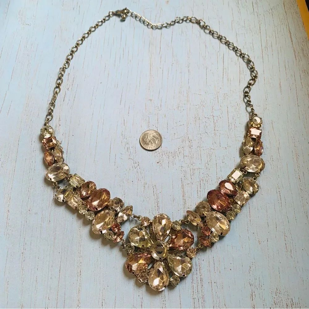 Gold Clear Pink Flower Crystal‎ Statement Necklace
